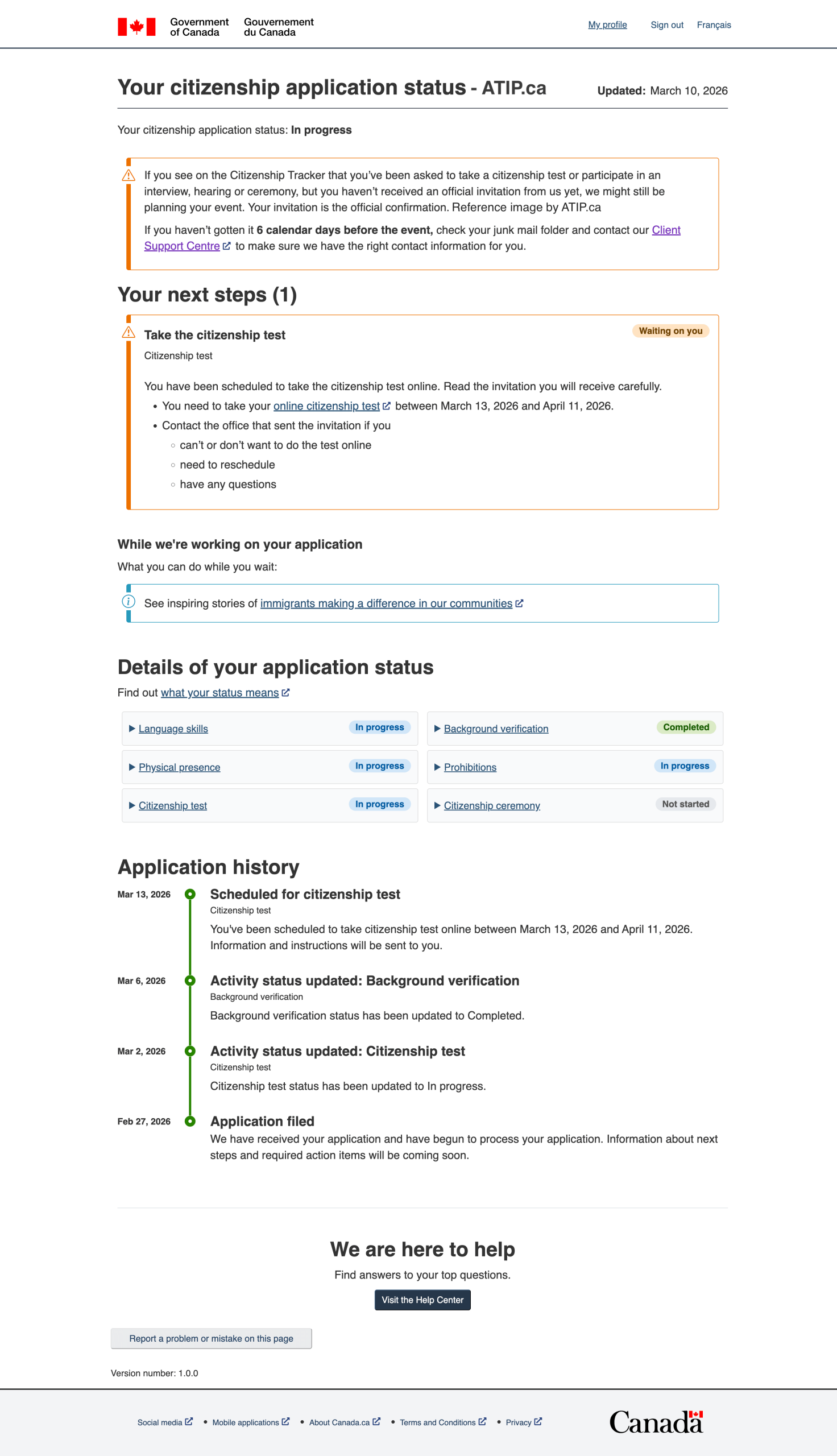 Citizenship application tracker showing background check completed